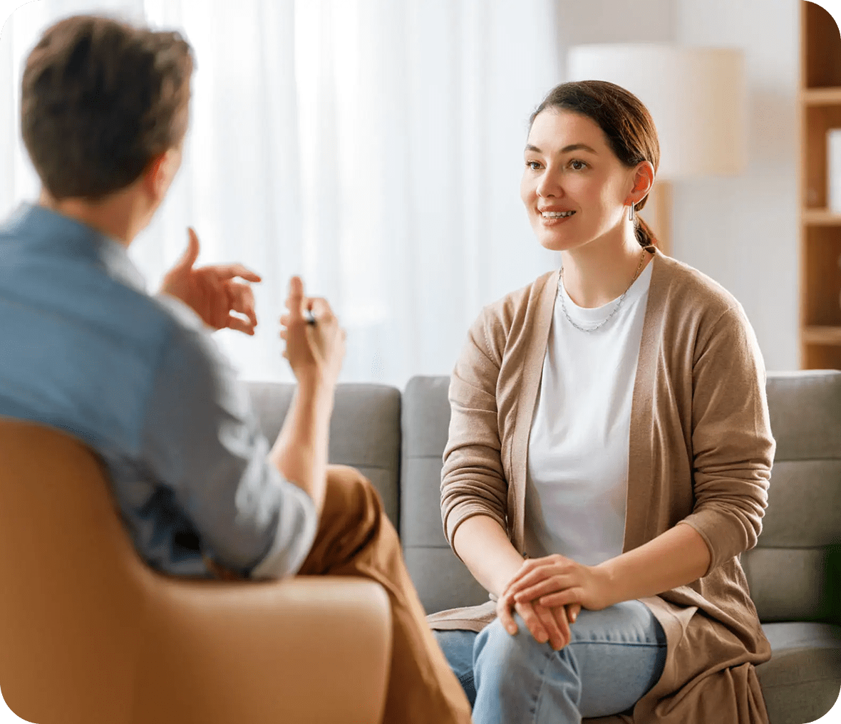 Woman attentively listening to a man